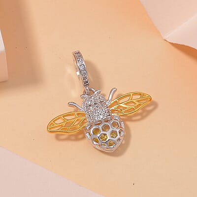 Simulated White and Yellow Diamond A Bee Charm in 14K Yellow Gold Over Sterling Silver 0.55 ctw