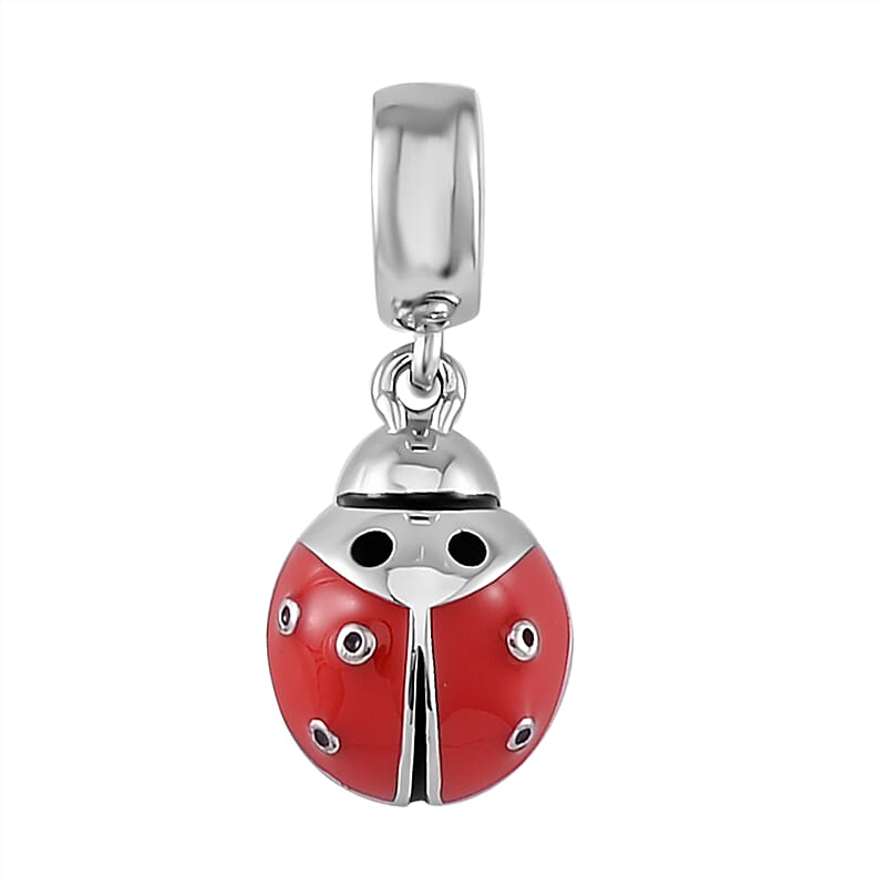 Enameled The Seven Spot Ladybird Charm in Rhodium Over Sterling Silver