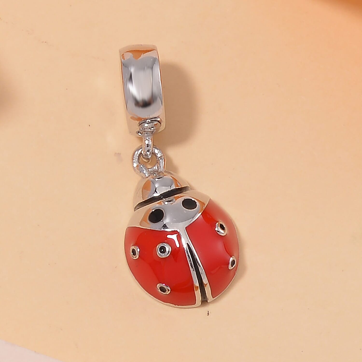 Enameled The Seven Spot Ladybird Charm in Rhodium Over Sterling Silver