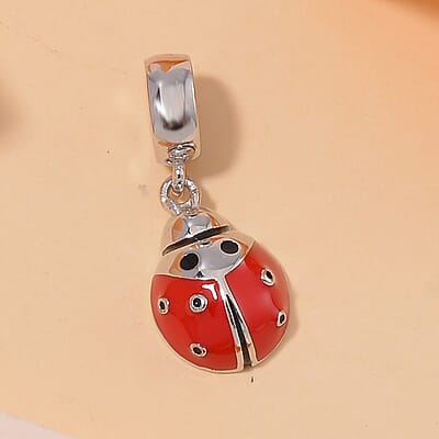Enameled The Seven Spot Ladybird Charm in Rhodium Over Sterling Silver