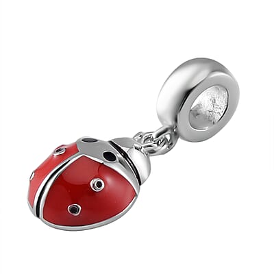 Enameled The Seven Spot Ladybird Charm in Rhodium Over Sterling Silver