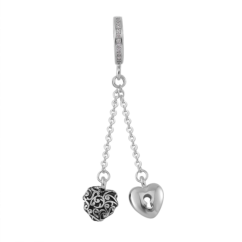 Simulated Diamond Heart to Heart Charm in Rhodium Over Sterling Silver