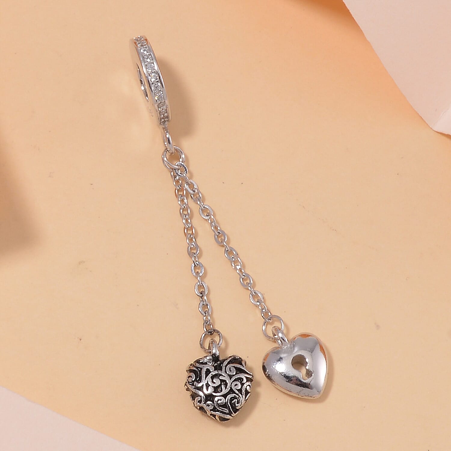 Simulated Diamond Heart to Heart Charm in Rhodium Over Sterling Silver
