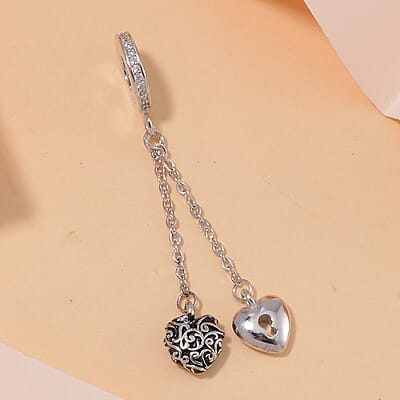 Simulated Diamond Heart to Heart Charm in Rhodium Over Sterling Silver