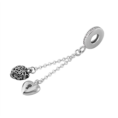 Simulated Diamond Heart to Heart Charm in Rhodium Over Sterling Silver