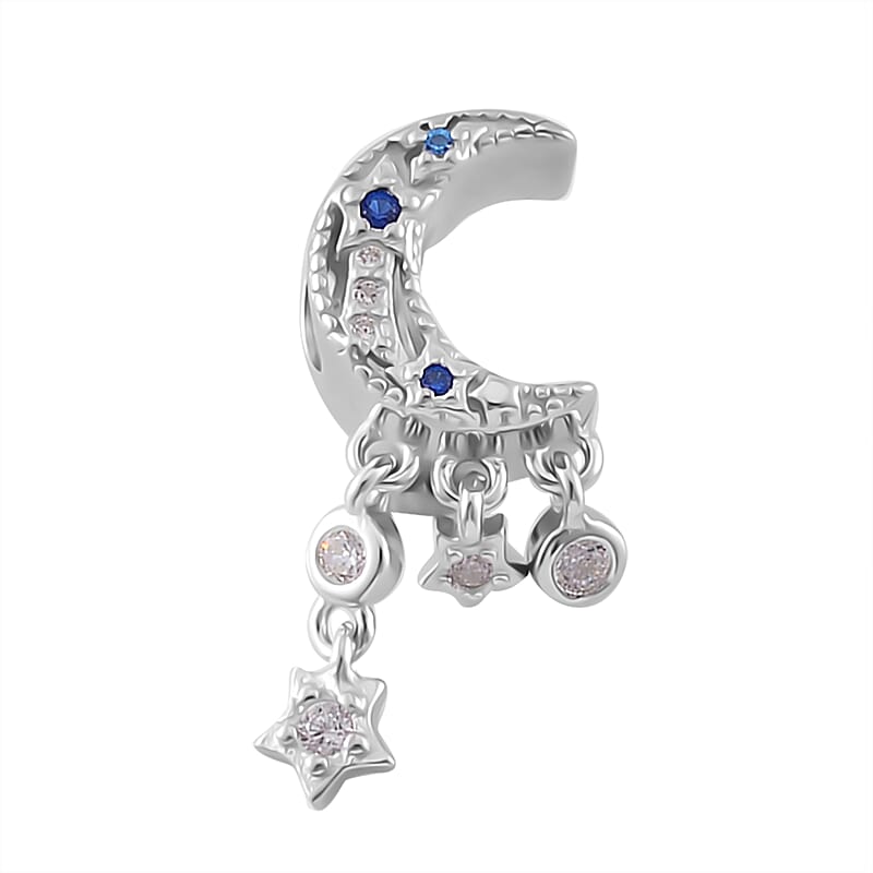 Simulated White and Blue Diamond Retro Moon Dreamcatcher Charm in Rhodium Over Sterling Silver