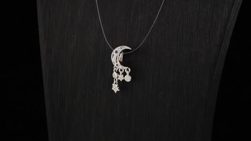 Simulated White and Blue Diamond Retro Moon Dreamcatcher Charm in Rhodium Over Sterling Silver 0.15 ctw