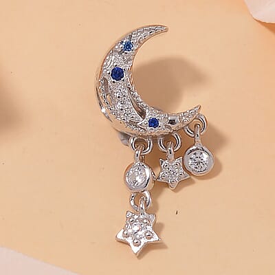 Simulated White and Blue Diamond Retro Moon Dreamcatcher Charm in Rhodium Over Sterling Silver