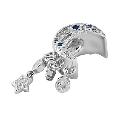 Simulated White and Blue Diamond Retro Moon Dreamcatcher Charm in Rhodium Over Sterling Silver
