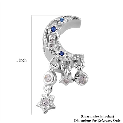 Simulated White and Blue Diamond Retro Moon Dreamcatcher Charm in Rhodium Over Sterling Silver