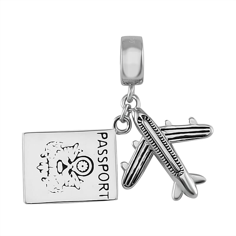 Passport Airplane Charm in Rhodium Over Sterling Silver 3.25 Grams