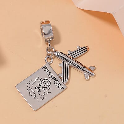 Passport Airplane Charm in Rhodium Over Sterling Silver 3.25 Grams