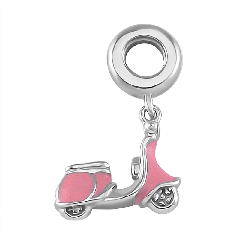 Pink Enameled Baby Toy Car Charm in Rhodium Over Sterling Silver 2.65 Grams