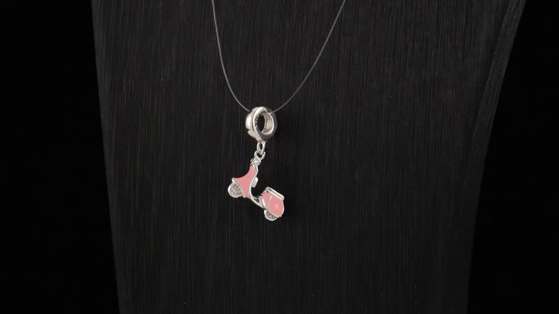 Pink Enameled Baby Toy Car Charm in Rhodium Over Sterling Silver (2.65 g)