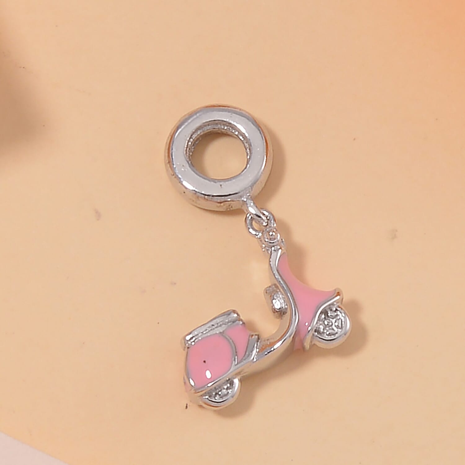 Pink Enameled Baby Toy Car Charm in Rhodium Over Sterling Silver 2.65 Grams