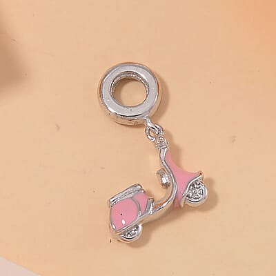 Pink Enameled Baby Toy Car Charm in Rhodium Over Sterling Silver 2.65 Grams