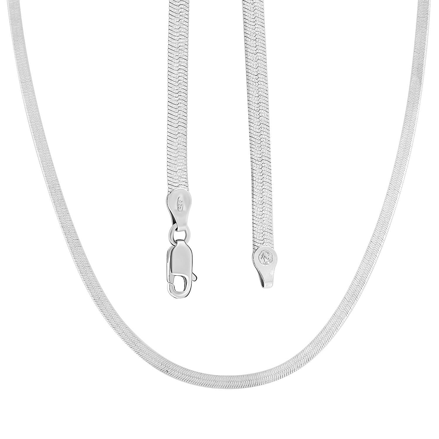 Rhodium Over Sterling Silver Herringbone Chain Necklace 18 Inches 9.50 Grams