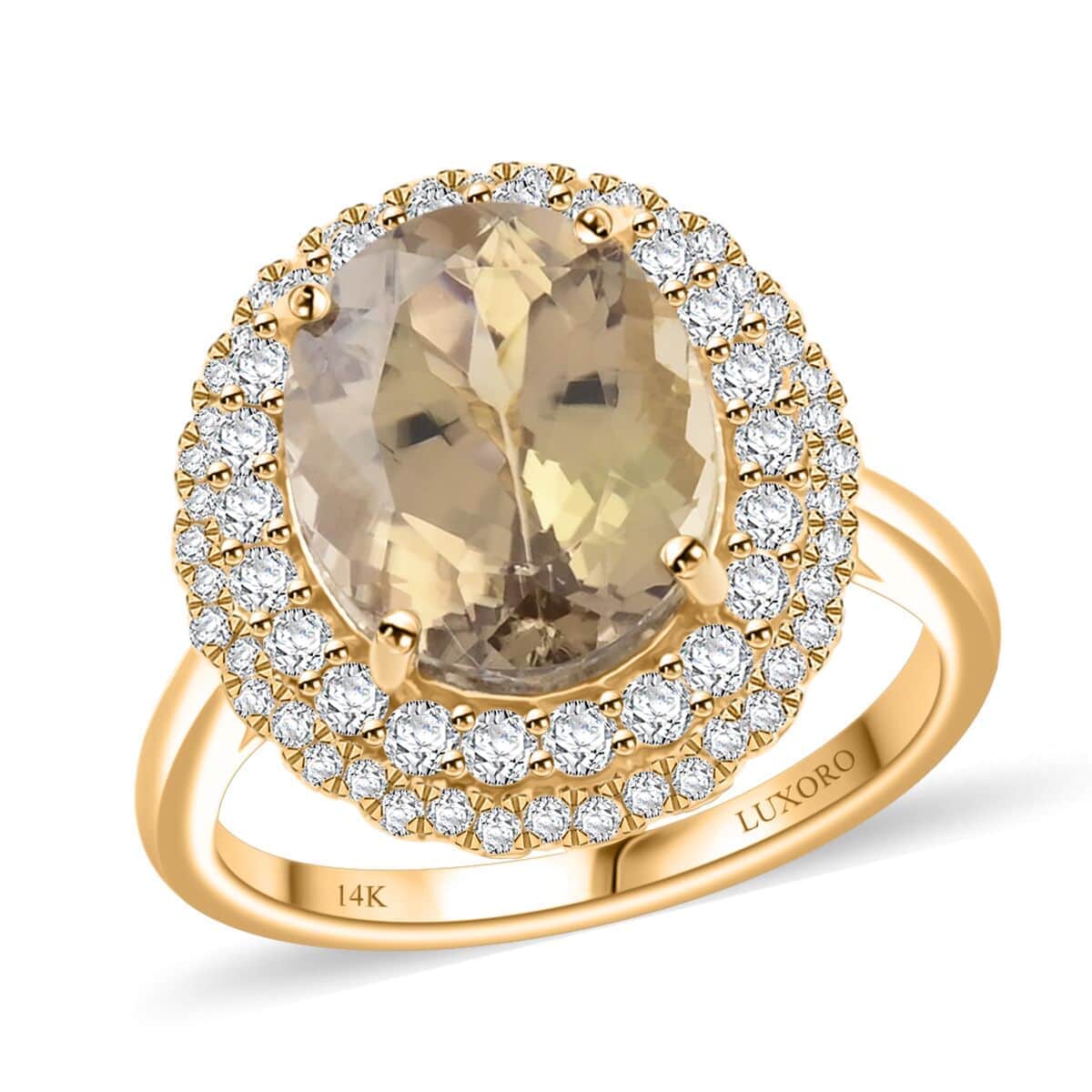 Certified & Appraised Luxoro AAA Turkizite and I2 Diamond 5.05 ctw Double Halo Ring in 14K Yellow Gold (Size 5.5) 4.90 Grams image number 0