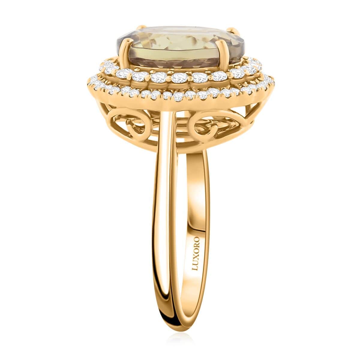 Certified & Appraised Luxoro AAA Turkizite and I2 Diamond 5.05 ctw Double Halo Ring in 14K Yellow Gold (Size 5.5) 4.90 Grams image number 2