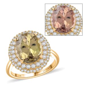 Certified & Appraised Luxoro AAA Turkizite and I2 Diamond 5.05 ctw Double Halo Ring in 14K Yellow Gold (Size 6.0) 4.90 Grams