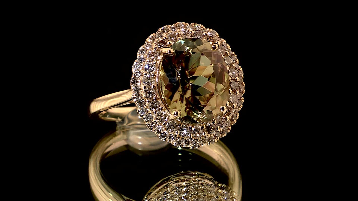 Certified & Appraised Luxoro 14K Yellow Gold AAA Turkizite and I2 Diamond Double Halo Ring (Size 10.0) 4.90 Grams 5.05 ctw