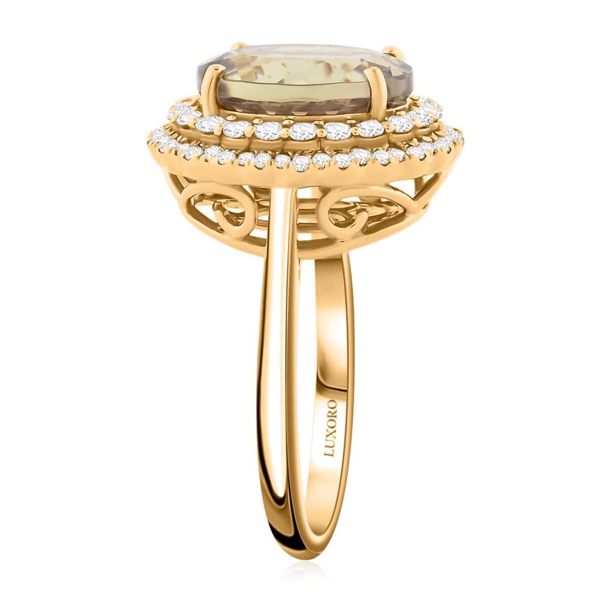 Certified & Appraised Luxoro AAA Turkizite and I2 Diamond 5.05 ctw Double Halo Ring in 14K Yellow Gold (Size 7.5) 4.90 Grams image number 2