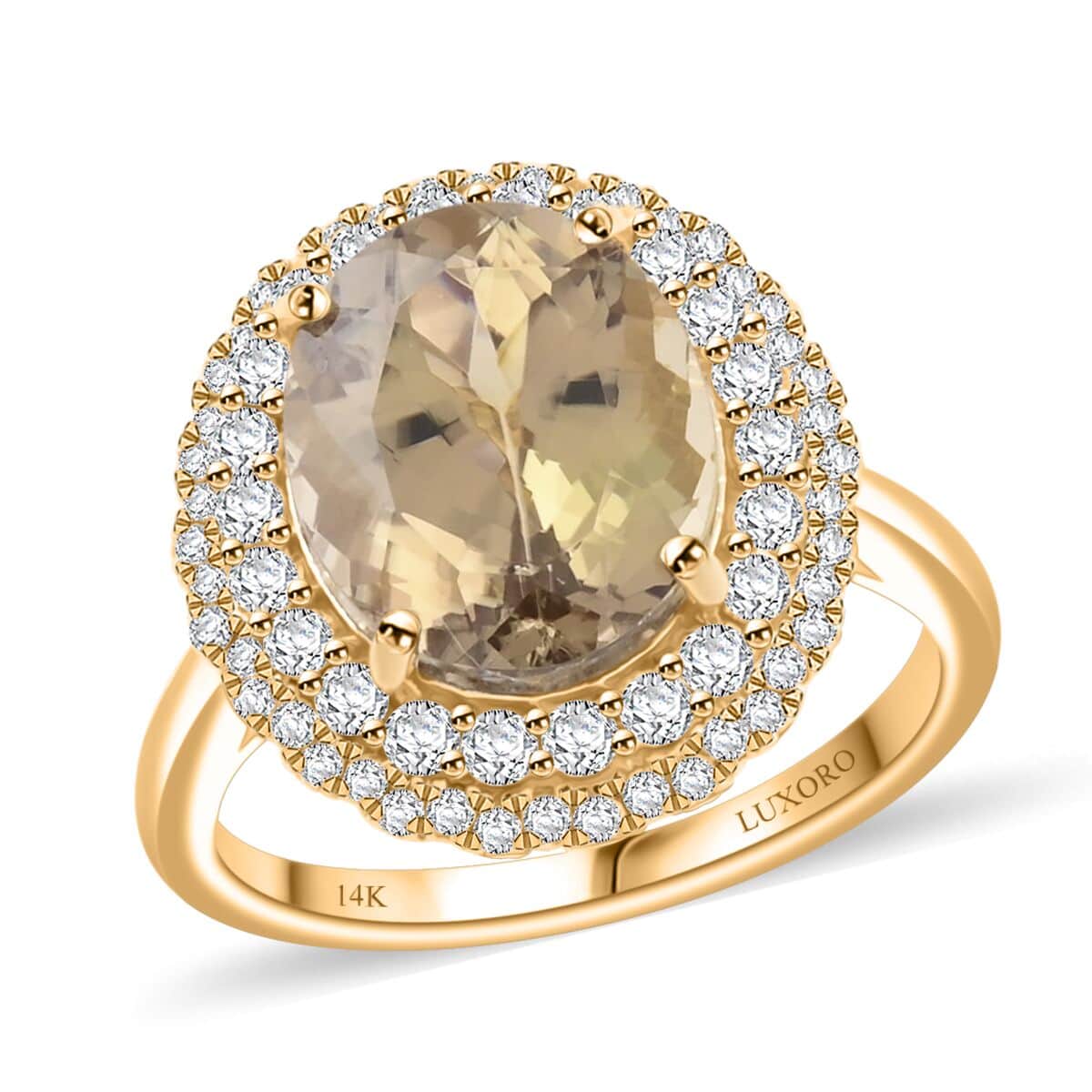 Certified & Appraised Luxoro AAA Turkizite and I2 Diamond 5.05 ctw Double Halo Ring in 14K Yellow Gold (Size 8.0) 4.90 Grams image number 0