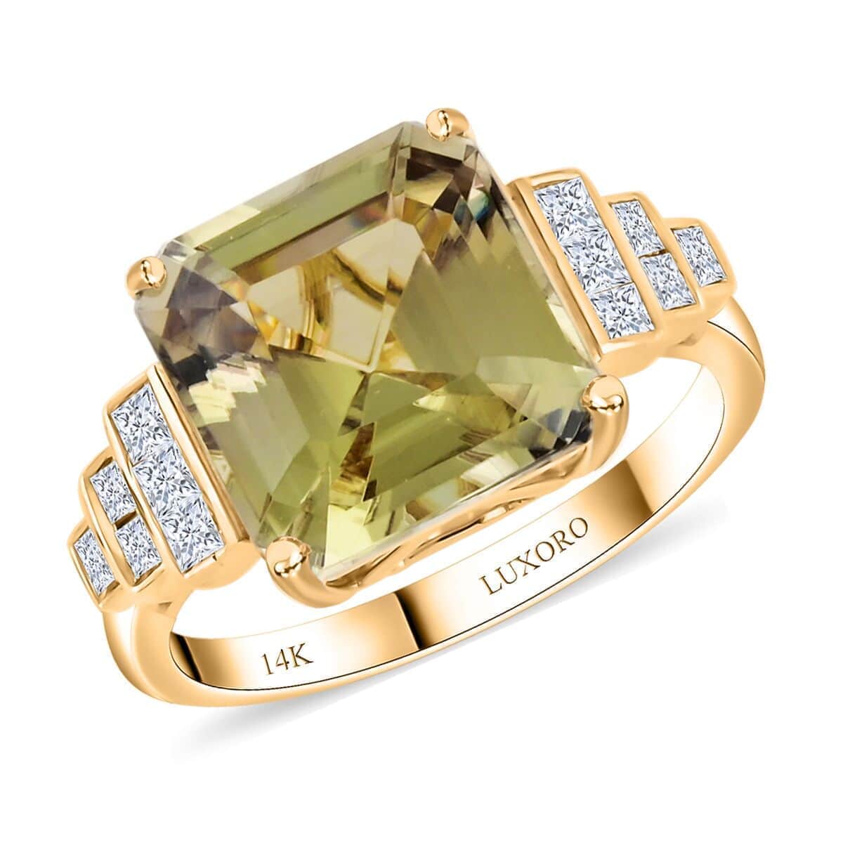 Certified & Appraised Luxoro Asscher Cut AAA Turkizite and I2 Diamond 5.40 ctw Ring in 14K Yellow Gold (Size 10.0) image number 0