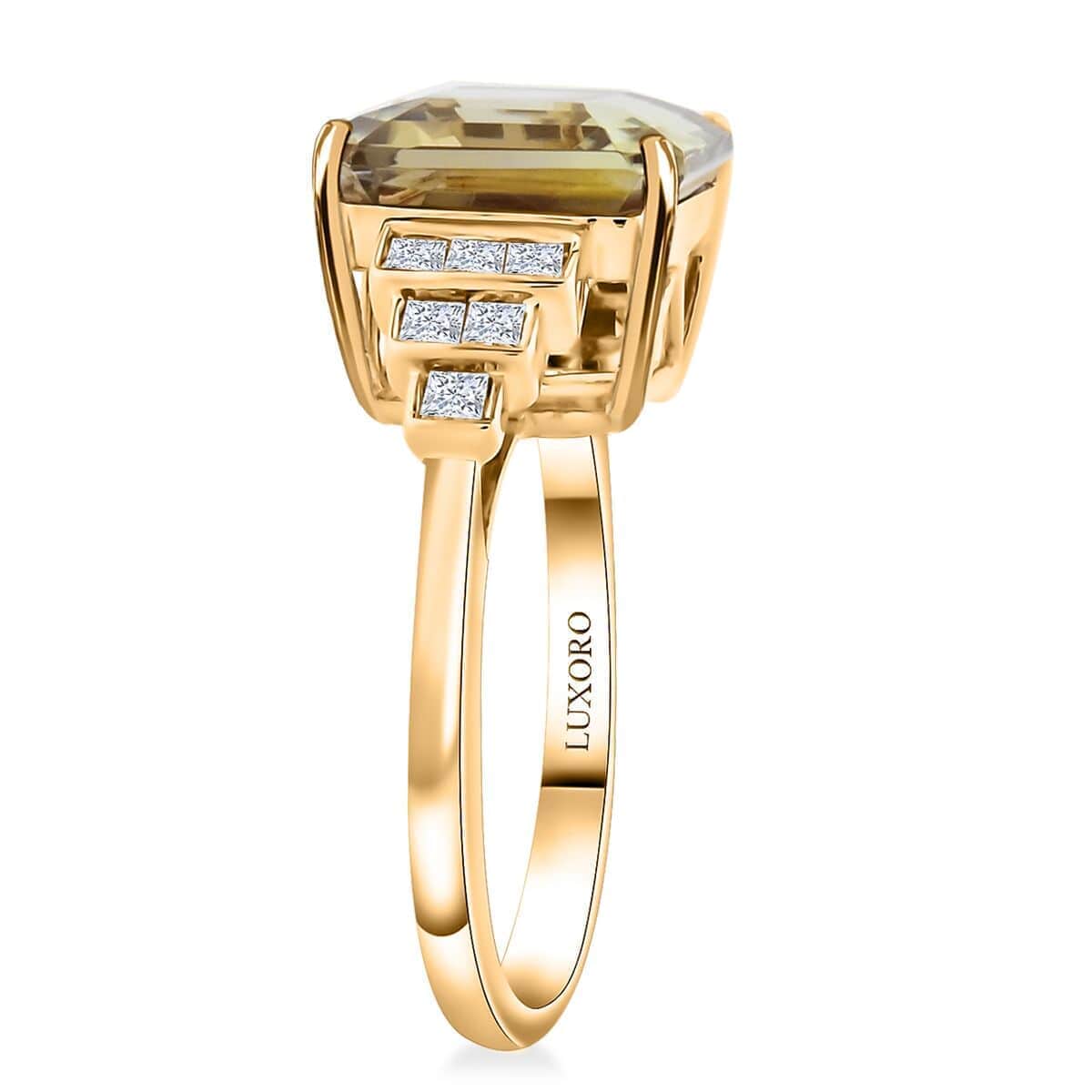 Certified & Appraised Luxoro Asscher Cut AAA Turkizite and I2 Diamond 5.40 ctw Ring in 14K Yellow Gold (Size 10.0) image number 2