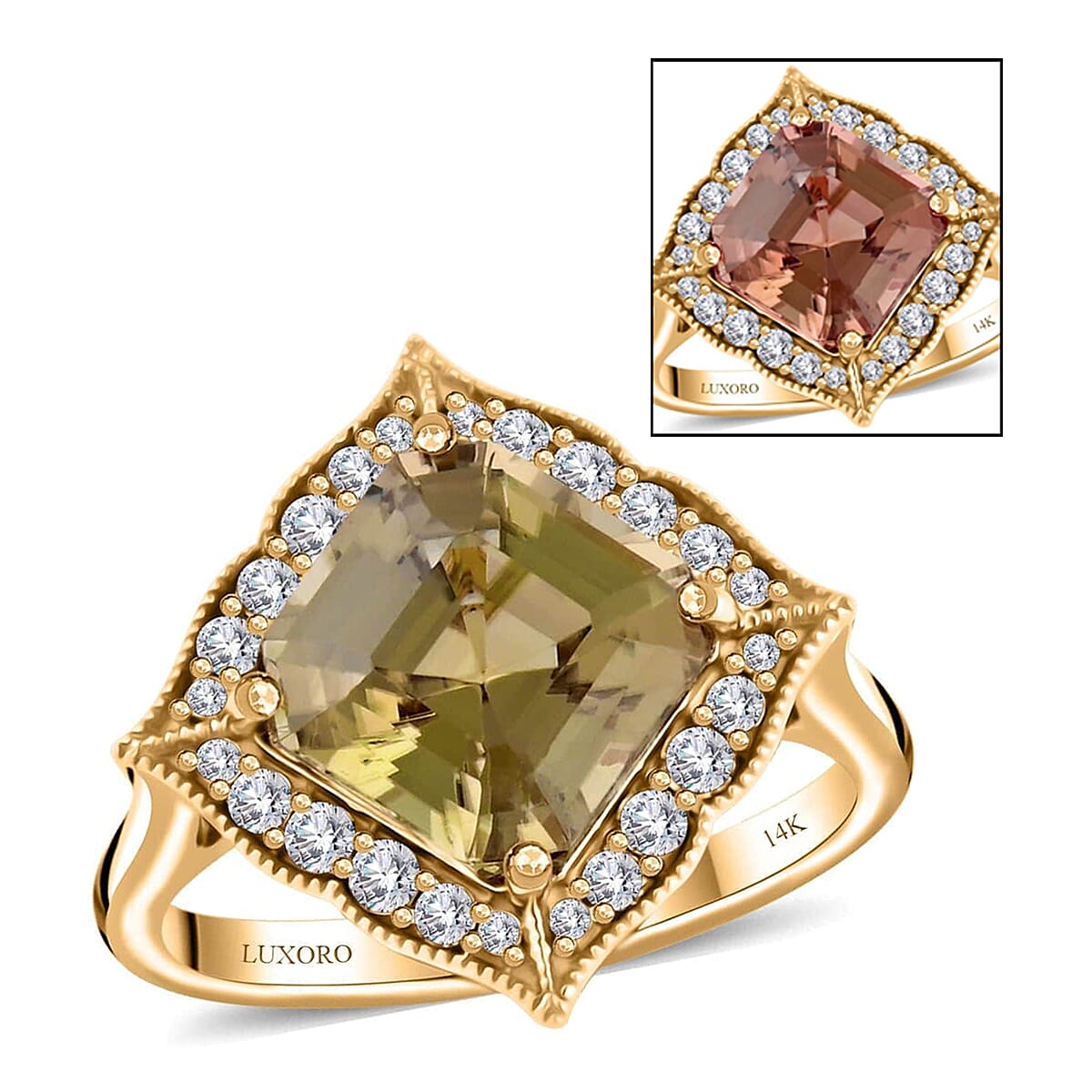 Certified & Appraised Luxoro Asscher Cut AAA Turkizite and I2 Diamond 4.55 ctw Ring in 14K Yellow Gold (Size 8.0) 4.63 Grams image number 0
