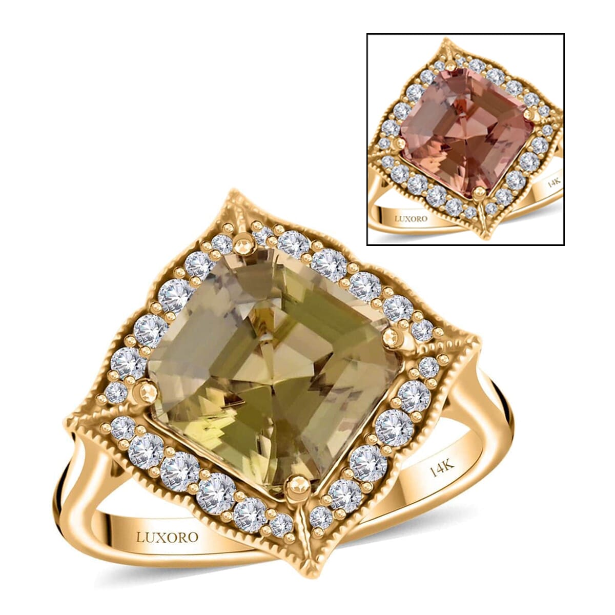 Certified & Appraised Luxoro Asscher Cut AAA Turkizite and I2 Diamond 4.55 ctw Ring in 14K Yellow Gold (Size 9.5) 4.63 Grams image number 0