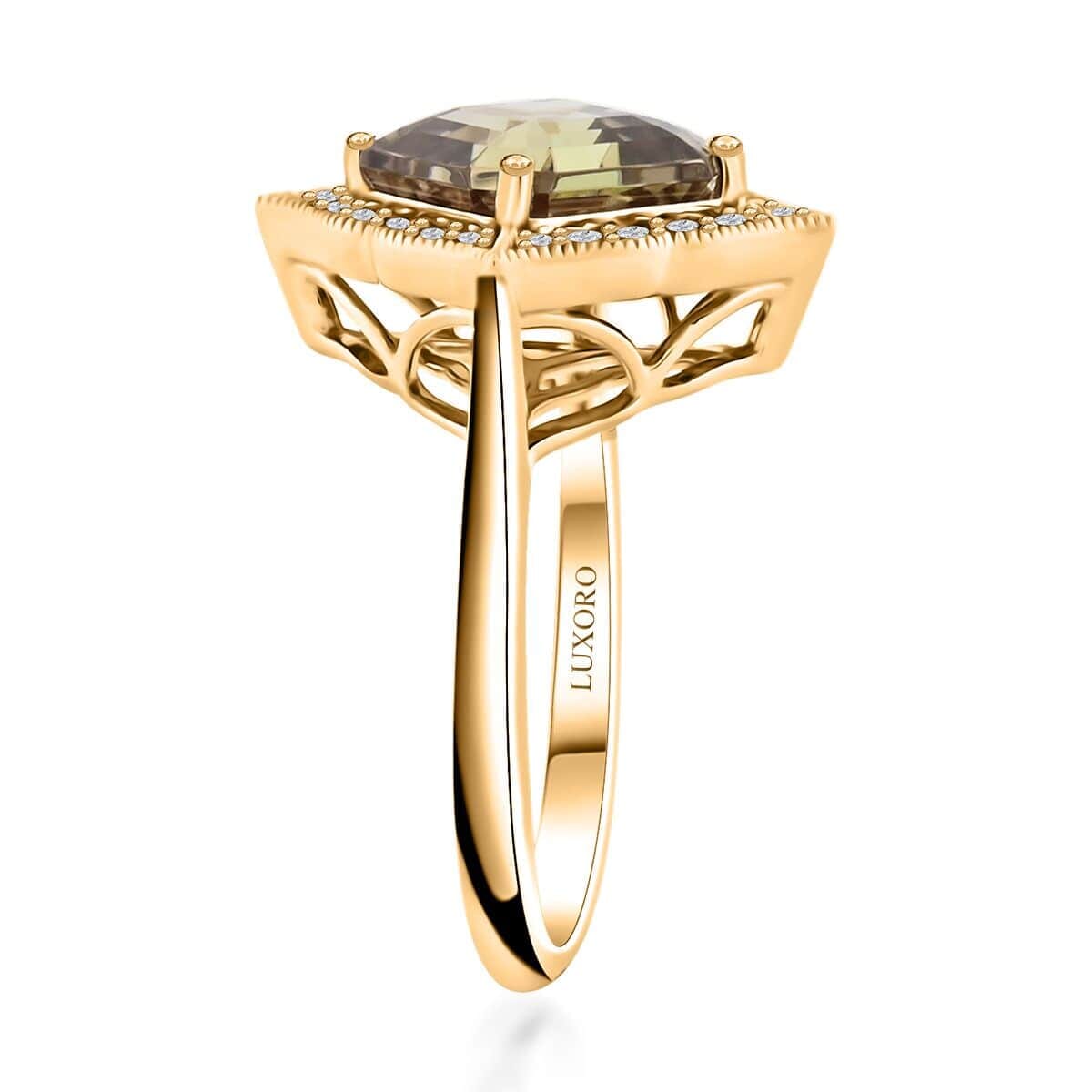 Certified & Appraised Luxoro Asscher Cut AAA Turkizite and I2 Diamond 4.55 ctw Ring in 14K Yellow Gold (Size 9.5) 4.63 Grams image number 2
