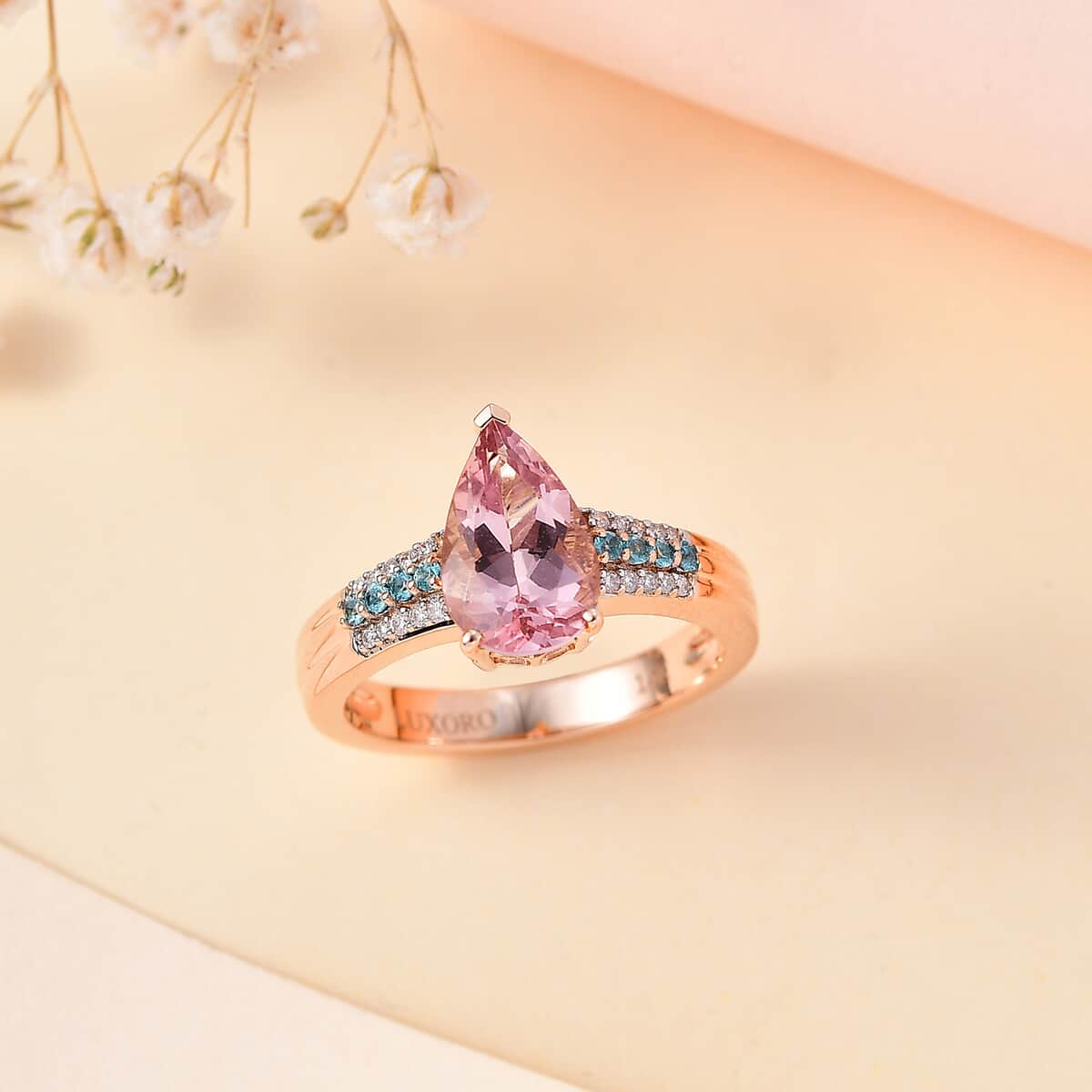 Luxoro 14K Rose Gold AAA Pink Morganite, Paraiba Tourmaline and G-H I2 Diamond Ring 4.25 Grams 2.30 ctw image number 1