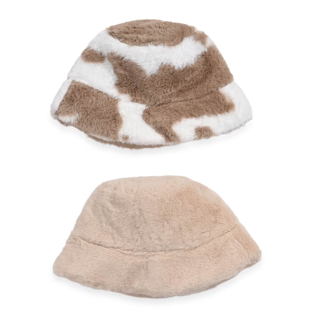 Set of 2 Beige Printed Faux Fur Bucket Hats image number 0