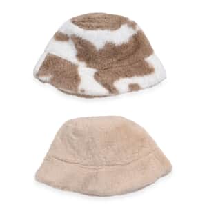 Set of 2 Beige Printed Faux Fur Bucket Hats