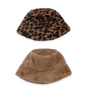 Set of 2 Brown Cheetah Printed Faux Fur Bucket Hats - One Size Fits Most