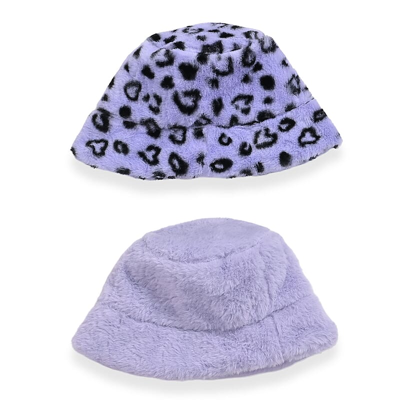 Set of 2 Purple Cheetah Printed Faux Fur Bucket Hats - One Size Fits Most