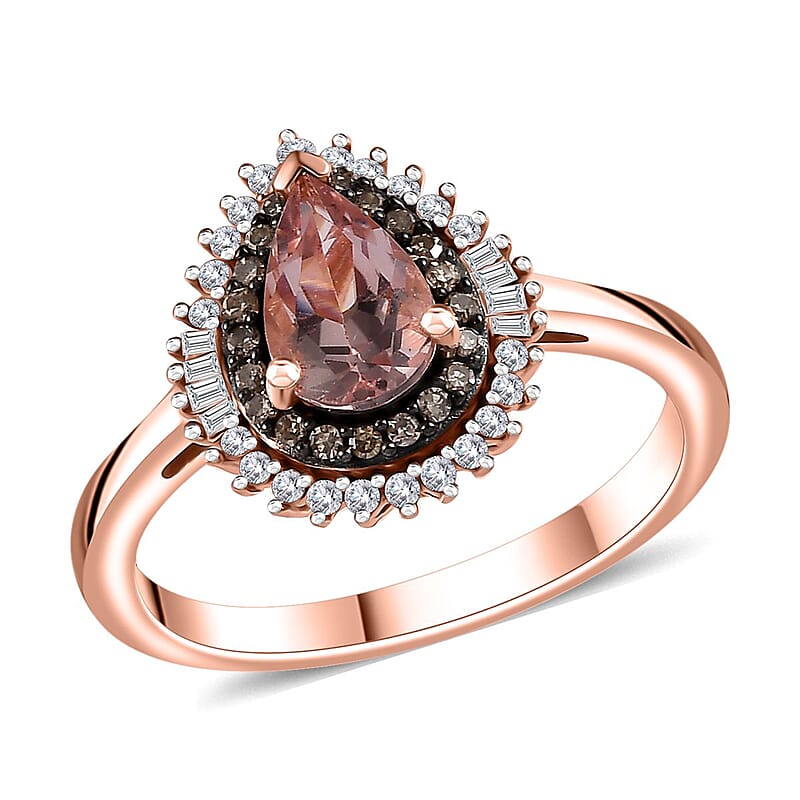 Premium Pink Morganite, Natural Champagne and White Diamond Double Halo Ring in 18K Vermeil Rose Gold Over Sterling Silver (Size 10.0) 1.00 ctw
