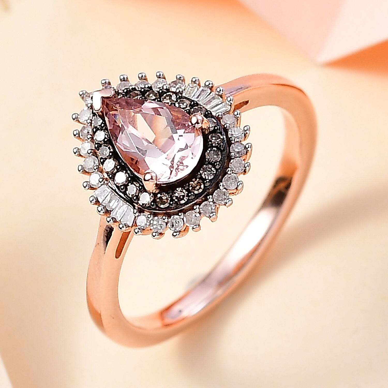 Premium Pink Morganite, Natural Champagne and White Diamond Double Halo Ring in 18K Vermeil Rose Gold Over Sterling Silver (Size 10.0) 1.00 ctw