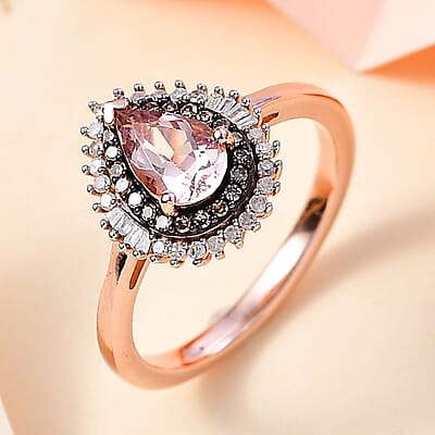 Premium Pink Morganite, Natural Champagne and White Diamond Double Halo Ring in 18K Vermeil Rose Gold Over Sterling Silver (Size 10.0) 1.00 ctw