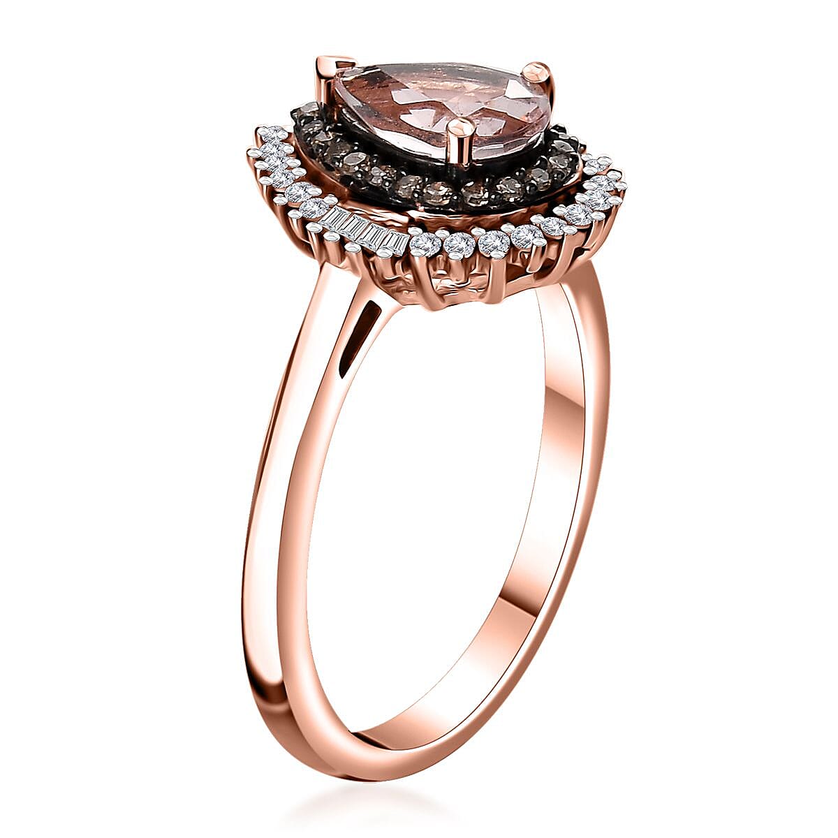 Premium Pink Morganite, Natural Champagne and White Diamond Double Halo Ring in 18K Vermeil Rose Gold Over Sterling Silver (Size 10.0) 1.00 ctw