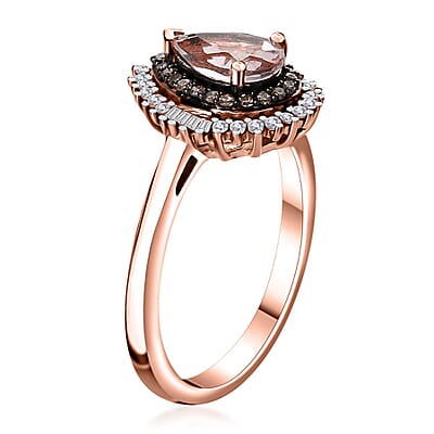 Premium Pink Morganite, Natural Champagne and White Diamond Double Halo Ring in 18K Vermeil Rose Gold Over Sterling Silver (Size 10.0) 1.00 ctw