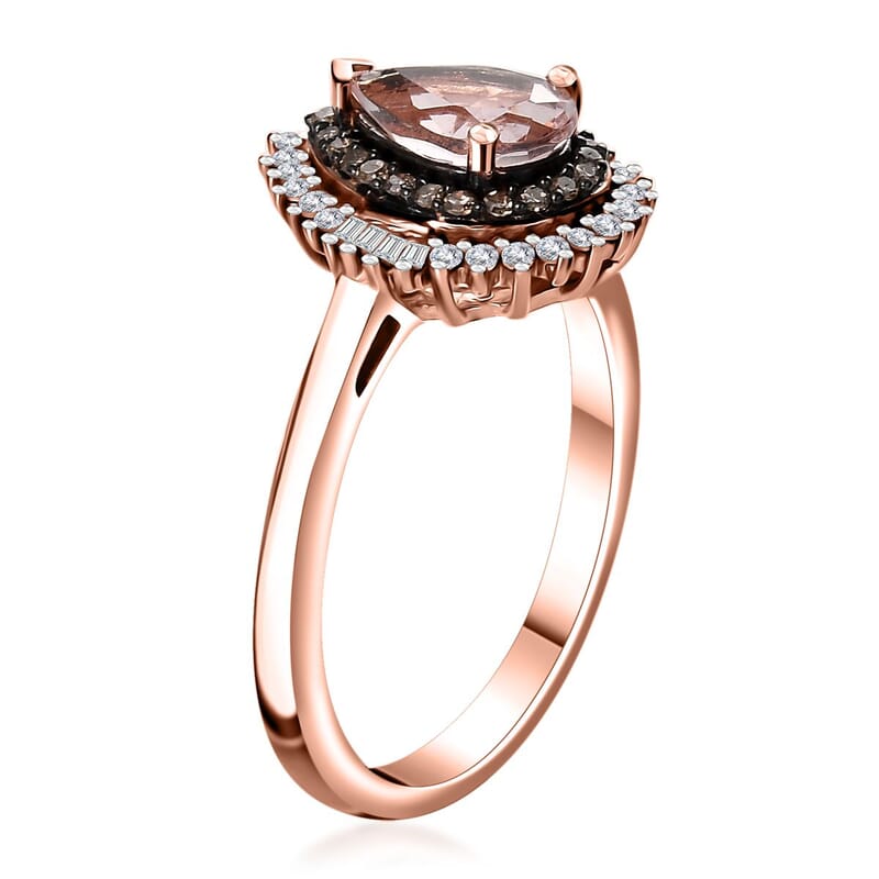 Premium Pink Morganite, Natural Champagne and White Diamond Double Halo Ring in 18K Vermeil Rose Gold Over Sterling Silver (Size 10.0) 1.00 ctw