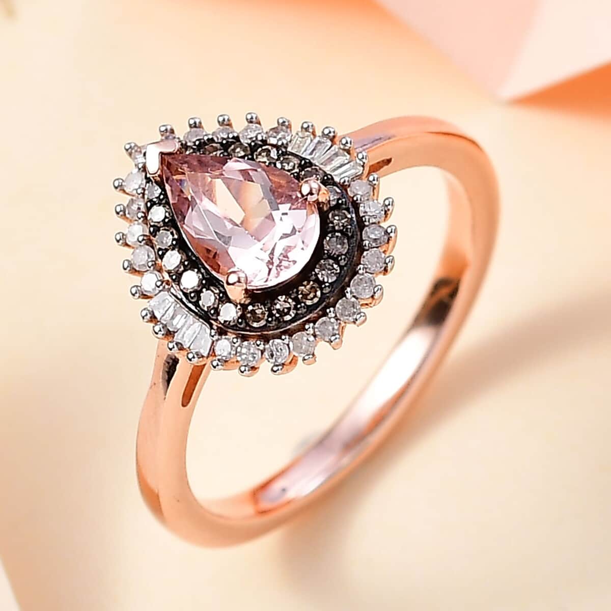 Premium Pink Morganite, Natural Champagne and White Diamond Double Halo Ring in 18K Vermeil Rose Gold Over Sterling Silver (Size 7.0) 1.00 ctw image number 1