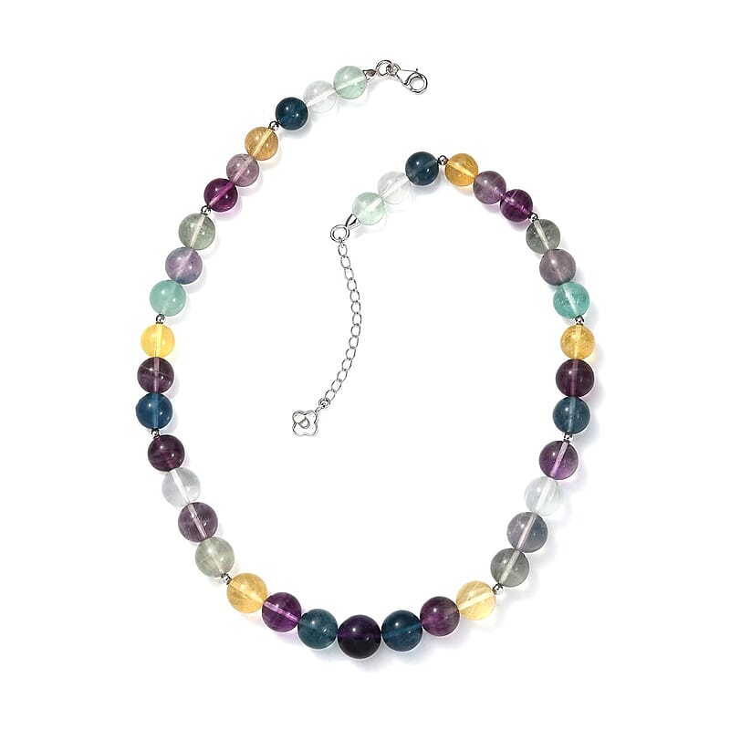 Multi Fluorite 380.00 ctw Beaded Necklace in Rhodium Over Sterling Silver 18 Inches