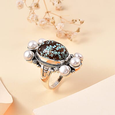 Artisan Crafted Blue Horizon Turquoise 9.30 ctw and White Pearl Ring in Sterling Silver (Size 10.0)