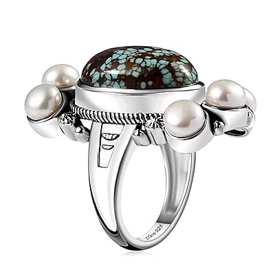Artisan Crafted Blue Horizon Turquoise 9.30 ctw and White Pearl Ring in Sterling Silver (Size 10.0)