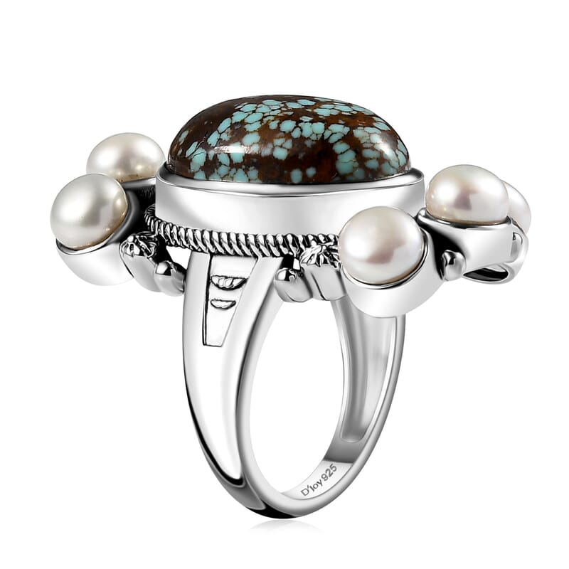 Artisan Crafted Blue Horizon Turquoise 9.30 ctw and White Pearl Ring in Sterling Silver (Size 10.0)