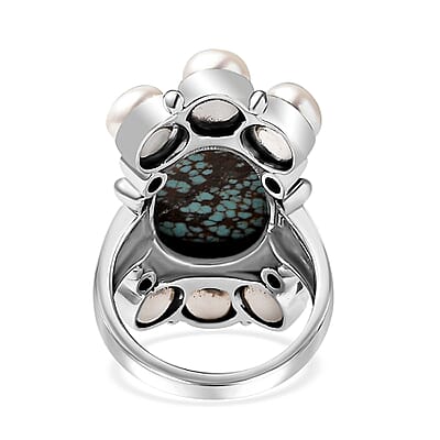 Artisan Crafted Blue Horizon Turquoise 9.30 ctw and White Pearl Ring in Sterling Silver (Size 10.0)