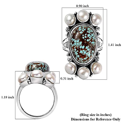 Artisan Crafted Blue Horizon Turquoise 9.30 ctw and White Pearl Ring in Sterling Silver (Size 10.0)